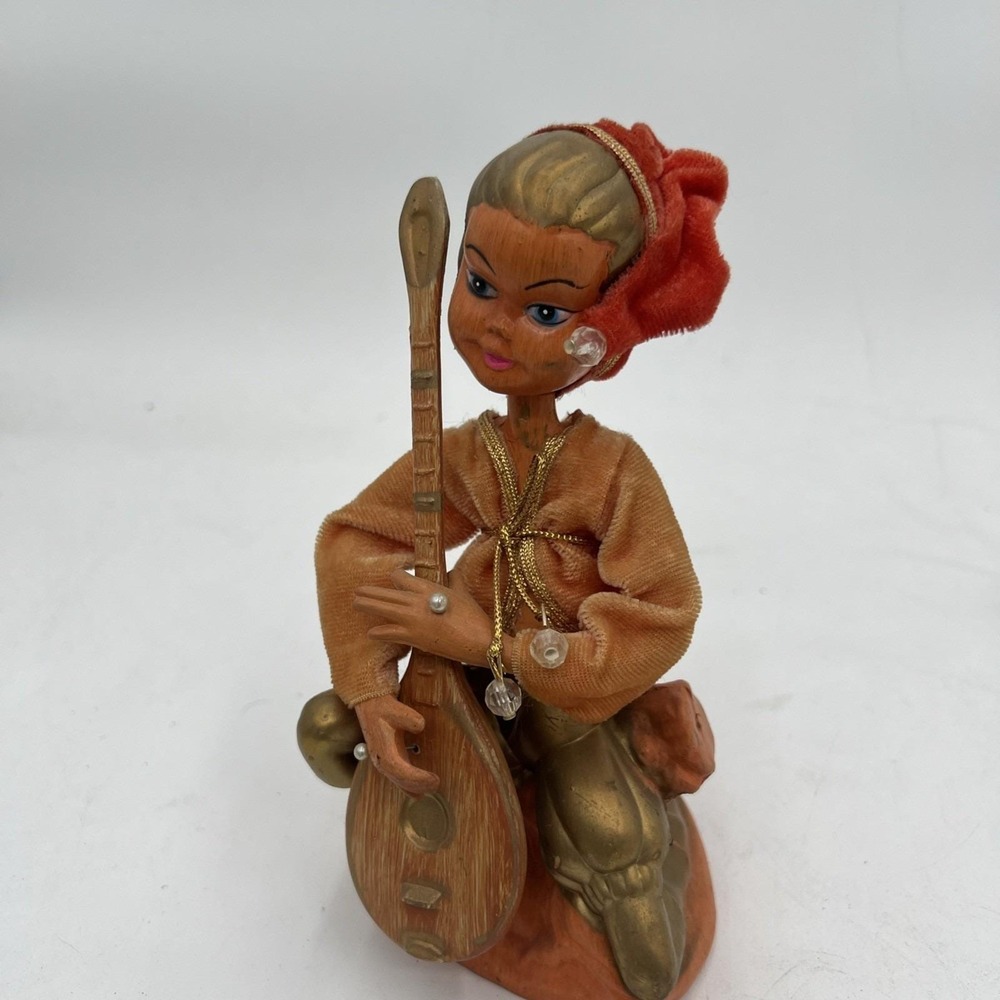 Vintage 1960s Tilso Golden Fantasy Pixie Elf with Lute Red Jacket Hat 7"